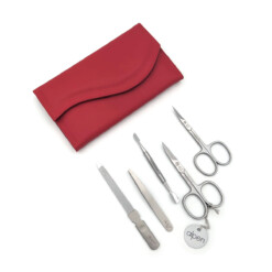Alpen - Manikürset mit Druckknopf, 6-tlg., inox. (matt), Nappaleder, Rot - 6836R-RED