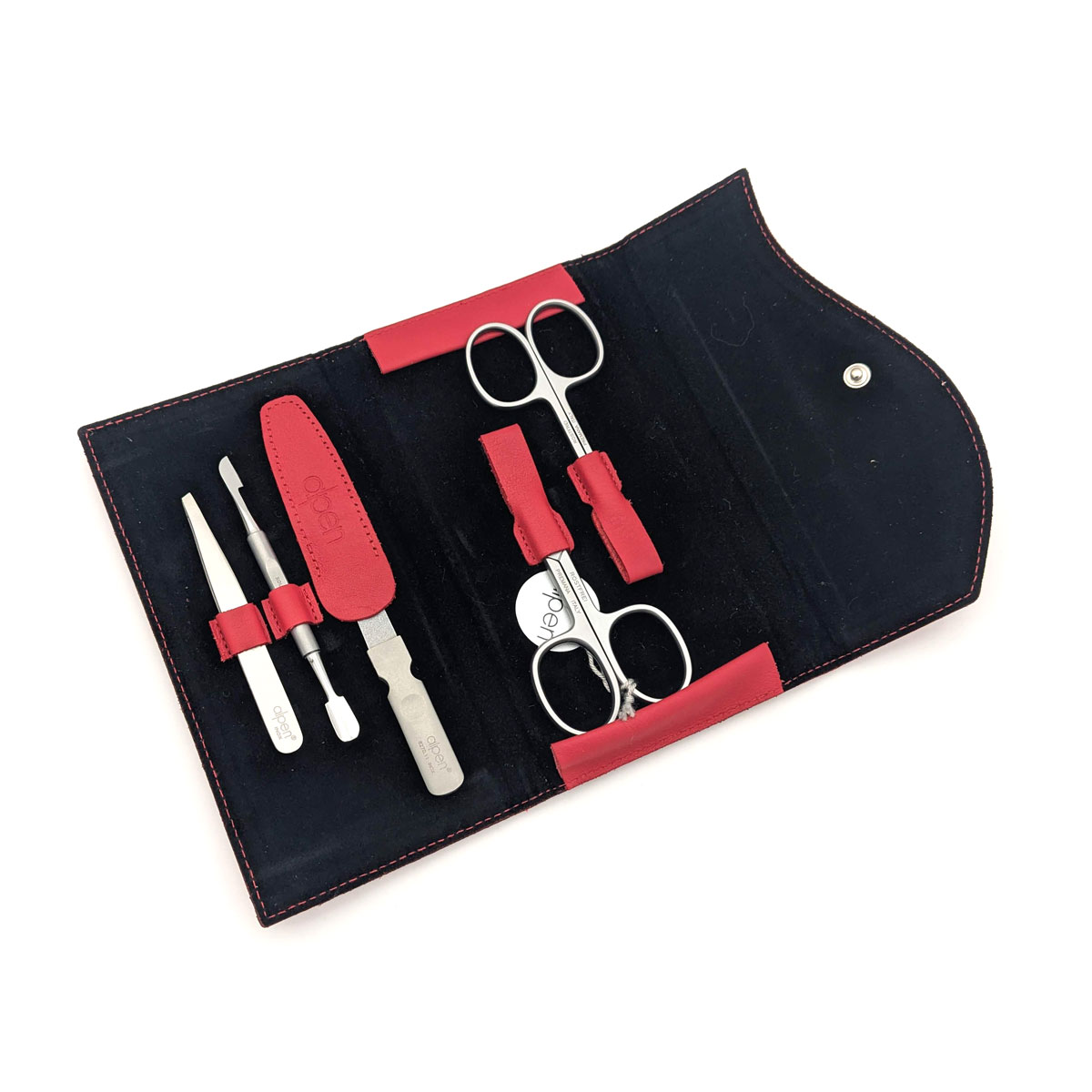 Alpen - Manikürset mit Druckknopf, 6-tlg., inox. (pol./matt), Nappaleder, Rot - 6836RP-RED – Bild 2