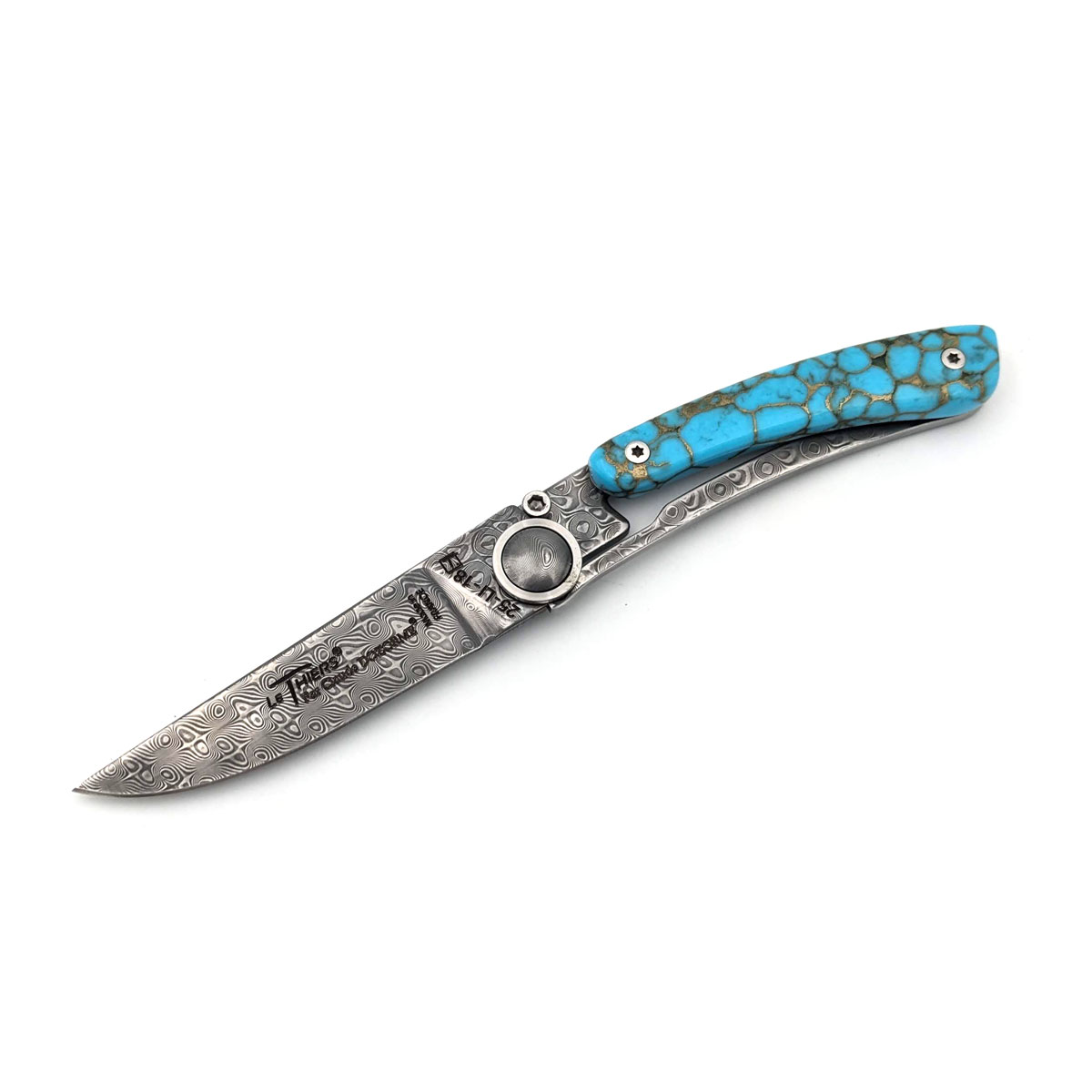 Claude Dozorme - Le Thiers Liner Lock, Damast, Türkis