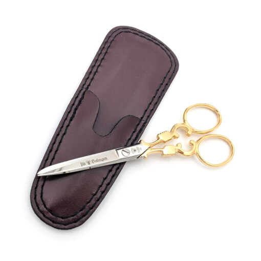 DOVO - Alt Solingen Stickschere, vergoldet, 5 Zoll, Lederetui – Bild 4