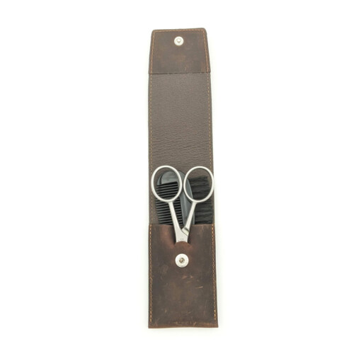 Dreiturm - Bartset mit Druckknopf, 3-tlg., rostfrei, Leder, Braun – Bild 2