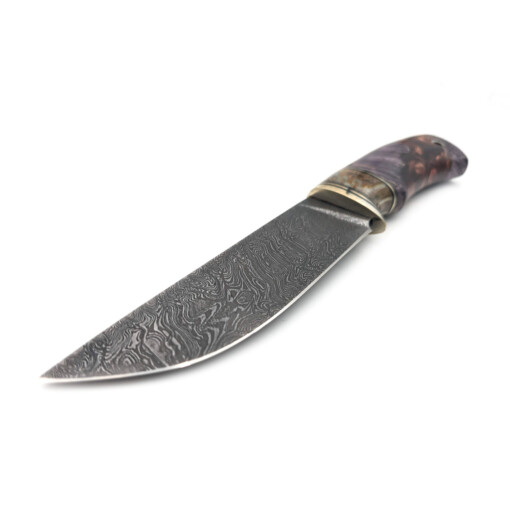 Maruschin - Damast Outdoormesser 12,5 cm, violett gefärbtes Wurzelholz, Epoxy, Mammutbackenzahn – Bild 3