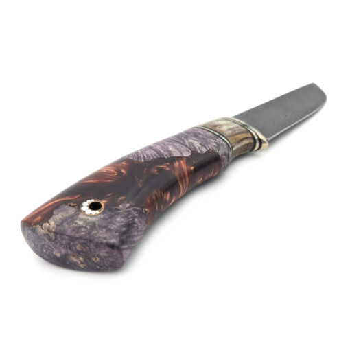 Maruschin - Damast Outdoormesser 12,5 cm, violett gefärbtes Wurzelholz, Epoxy, Mammutbackenzahn – Bild 5