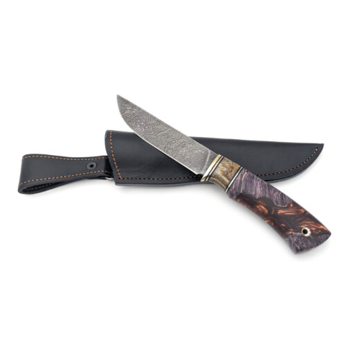 Maruschin - Damast Outdoormesser 12,5 cm, violett gefärbtes Wurzelholz, Epoxy, Mammutbackenzahn – Bild 2