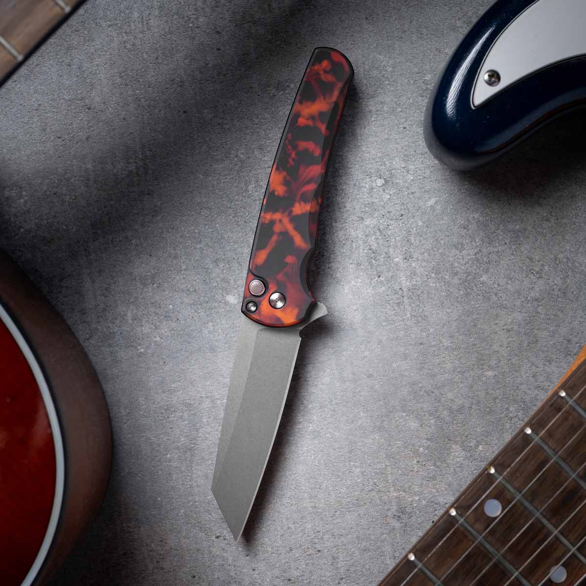 Pro-Tech - Malibu Flipper, "Del Fuego" Custom Handle, Magnacut Reverse Tanto Blade, Stonewash Finish - 5401-DF